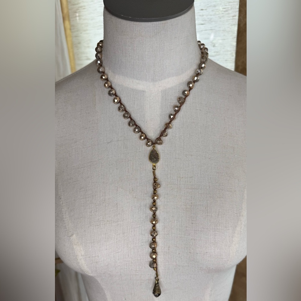 Gold and Brown Y-Shaped Necklace with Beaded Pendant